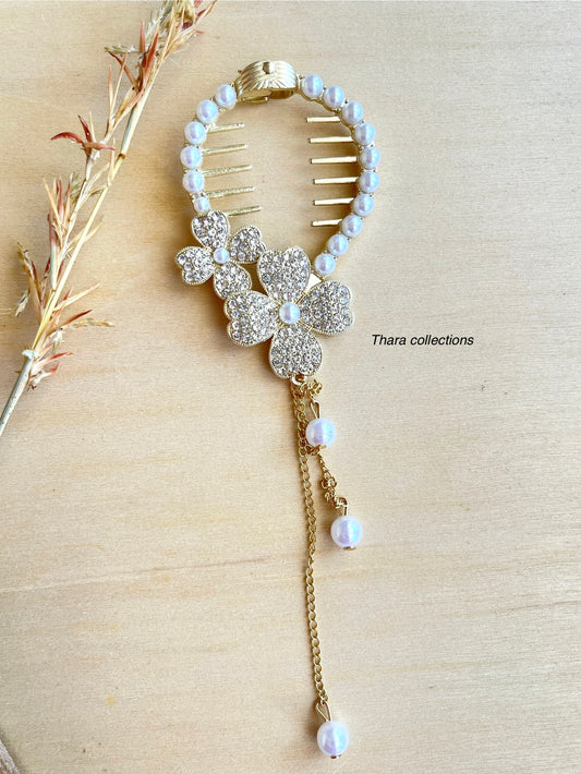 Luxurious Pearl & Rhinestone Floral Dangle Hair Claw – Korean Vintage Chic