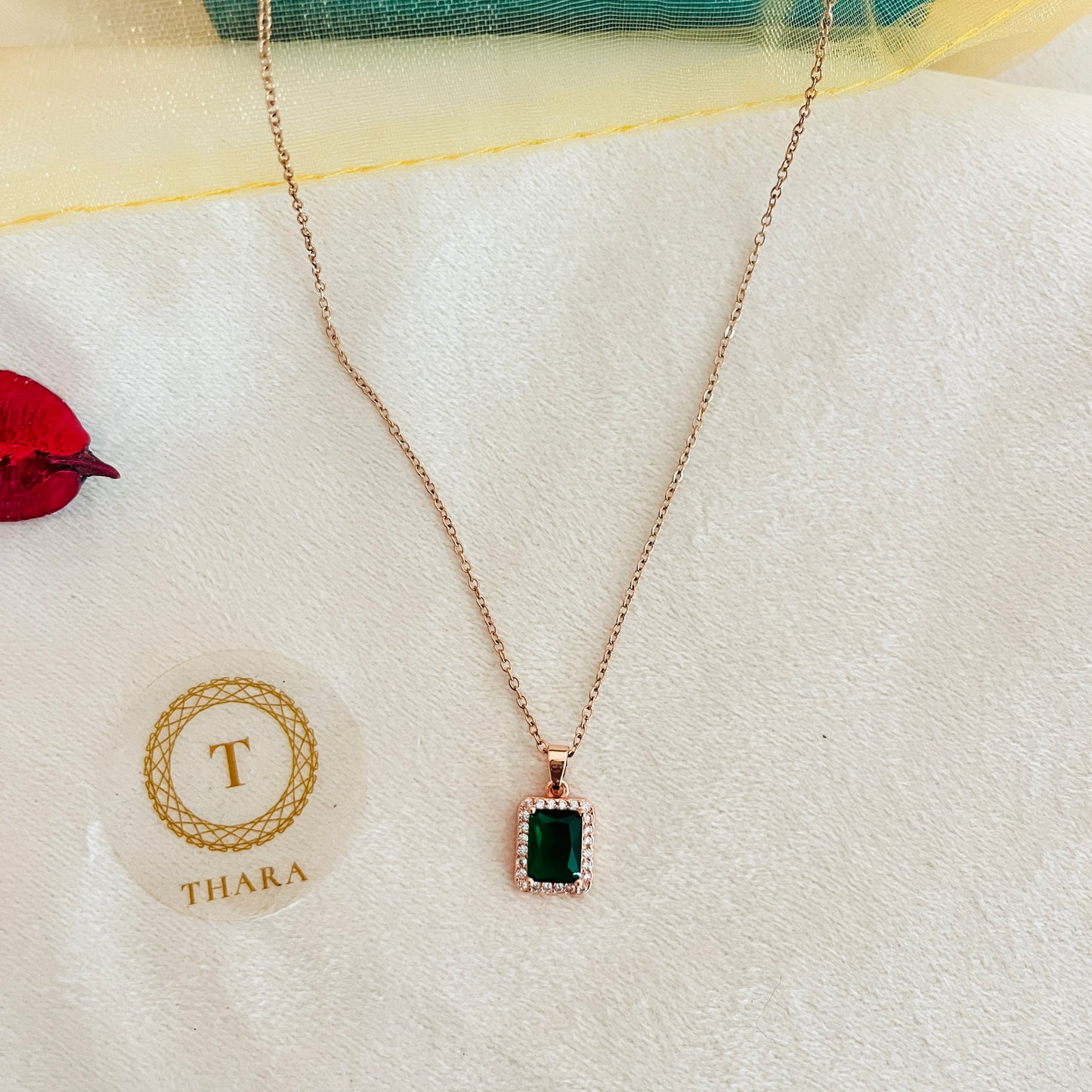 Kiyu Ziyu Green Rectangular Pendant Rose Gold Chain - Exclusive Collection