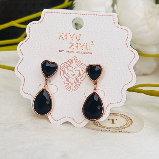 Black Heart & Drop RoseGold Earrings