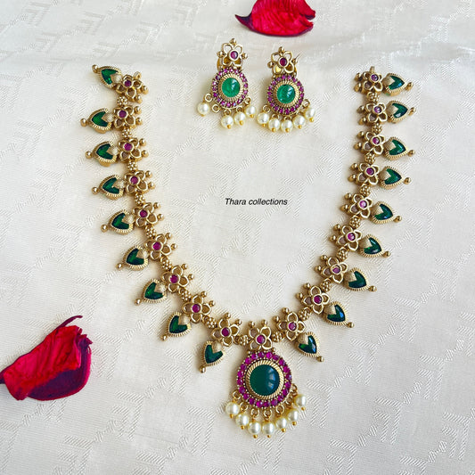 Traditional Gold-Plated Temple Necklace Set with Ruby & Emerald Accents