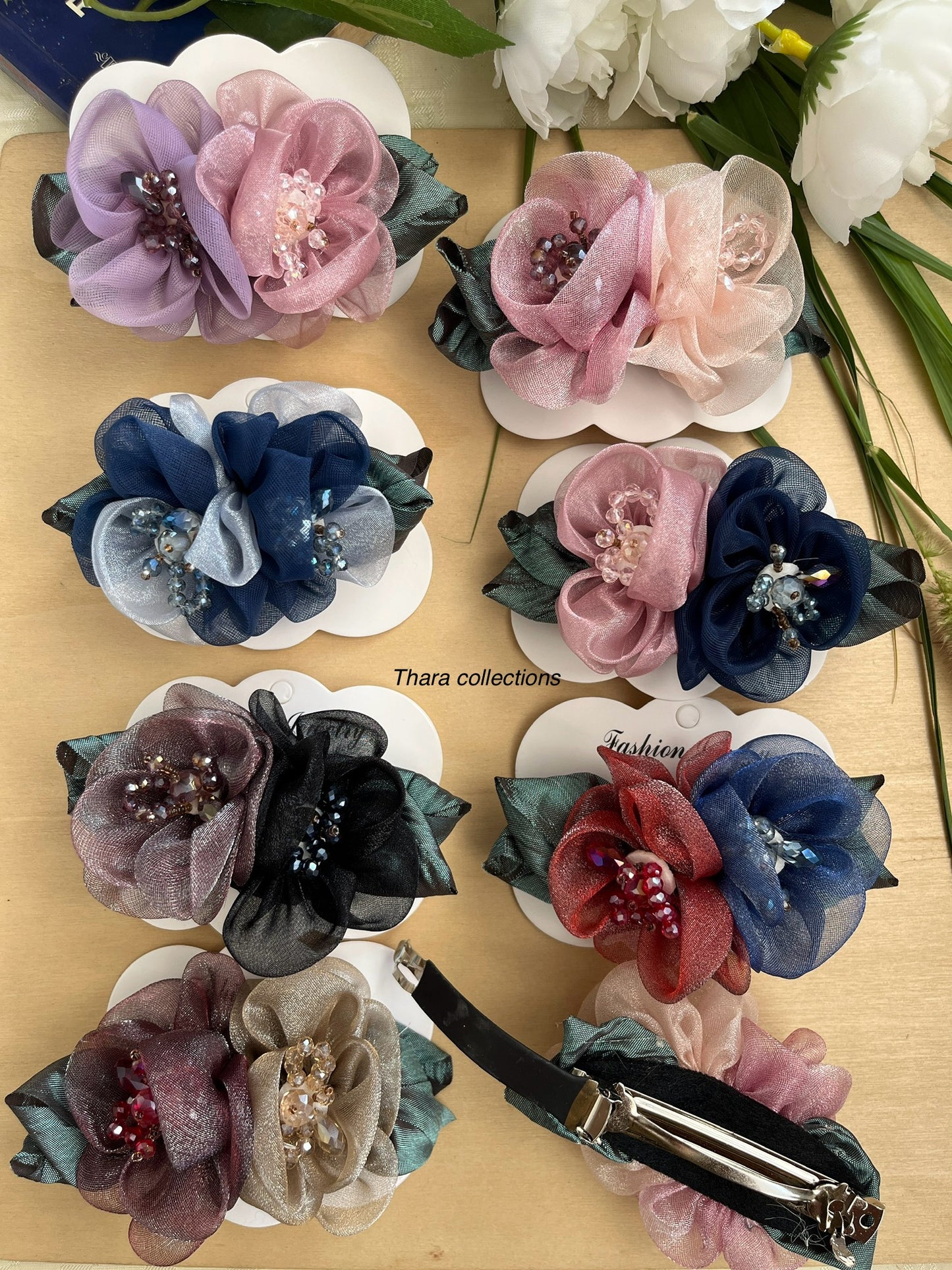 Petal Bloom – Leaf Accent Double Flower Hair Clip