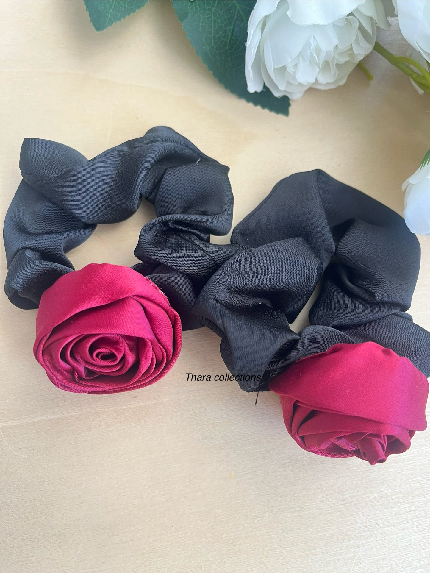 Black Rose Scrunchies – Elegant Florals in Red & Pink Variants