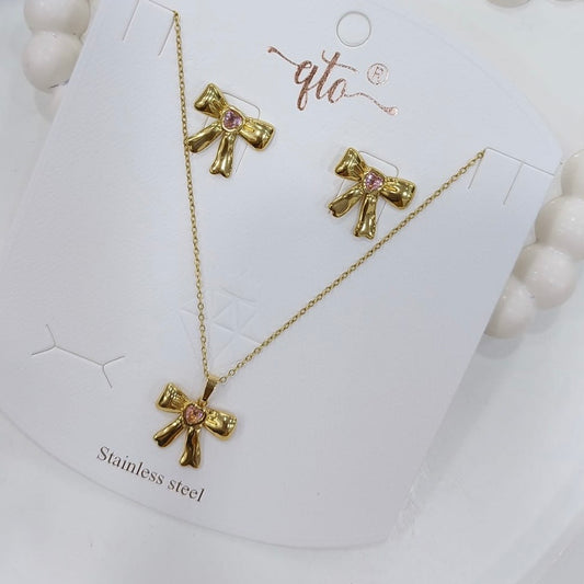 Bow antitarnish pendant and earring combo set in pink and white stone by Thara Collections TA129