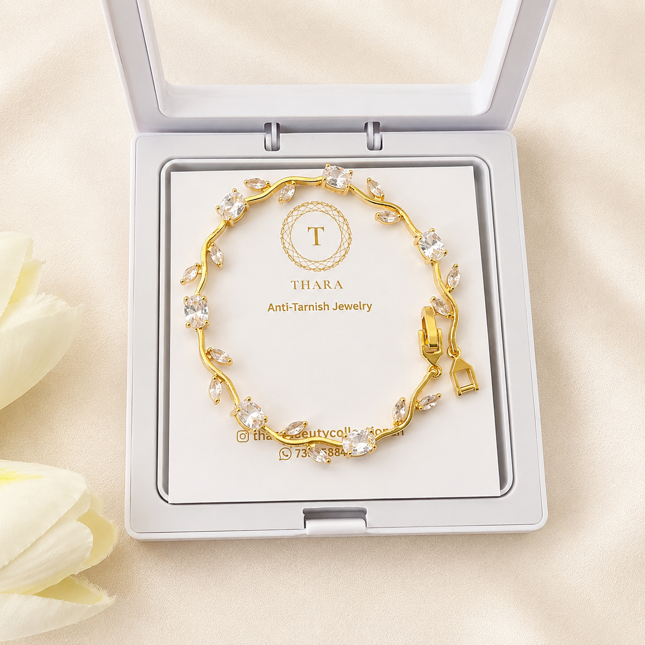 Viral Tulip Bracelet – Crystal White | Anti-Tarnish Floral Bracelet for Women