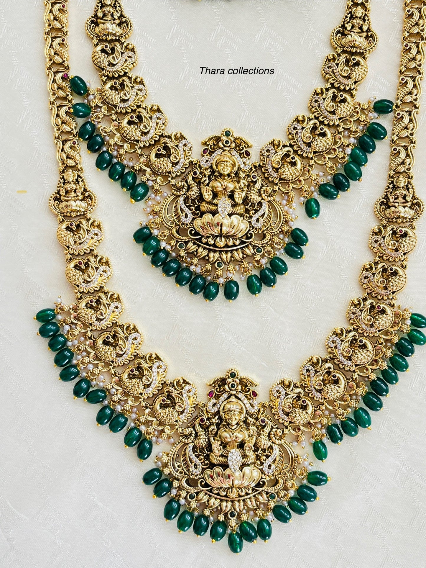 Grand Lakshmi Semi Bridal Set – Gold Plated with Green Beads