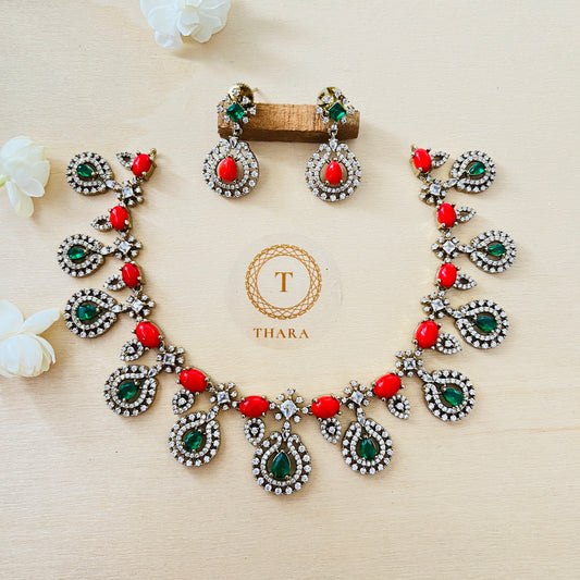 Antique Matte Finish Green & Coral Stone Necklace Set