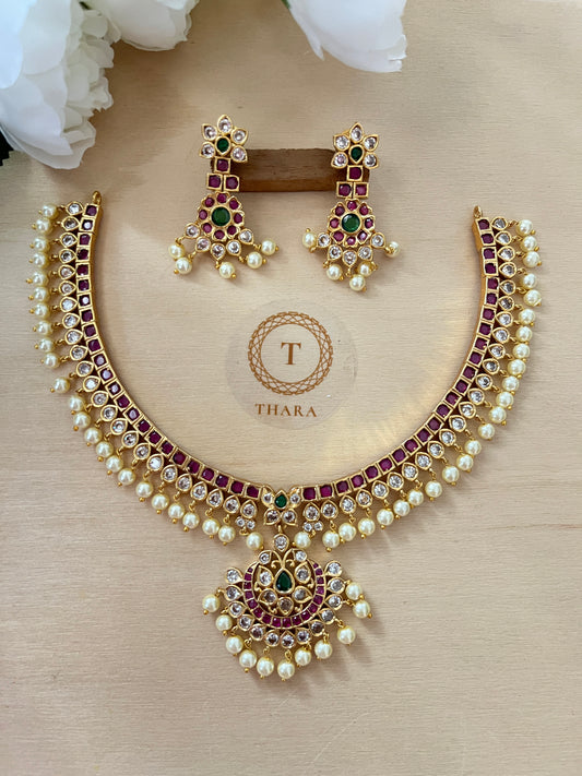 Traditional Ruby Pearl Choker Necklace Set