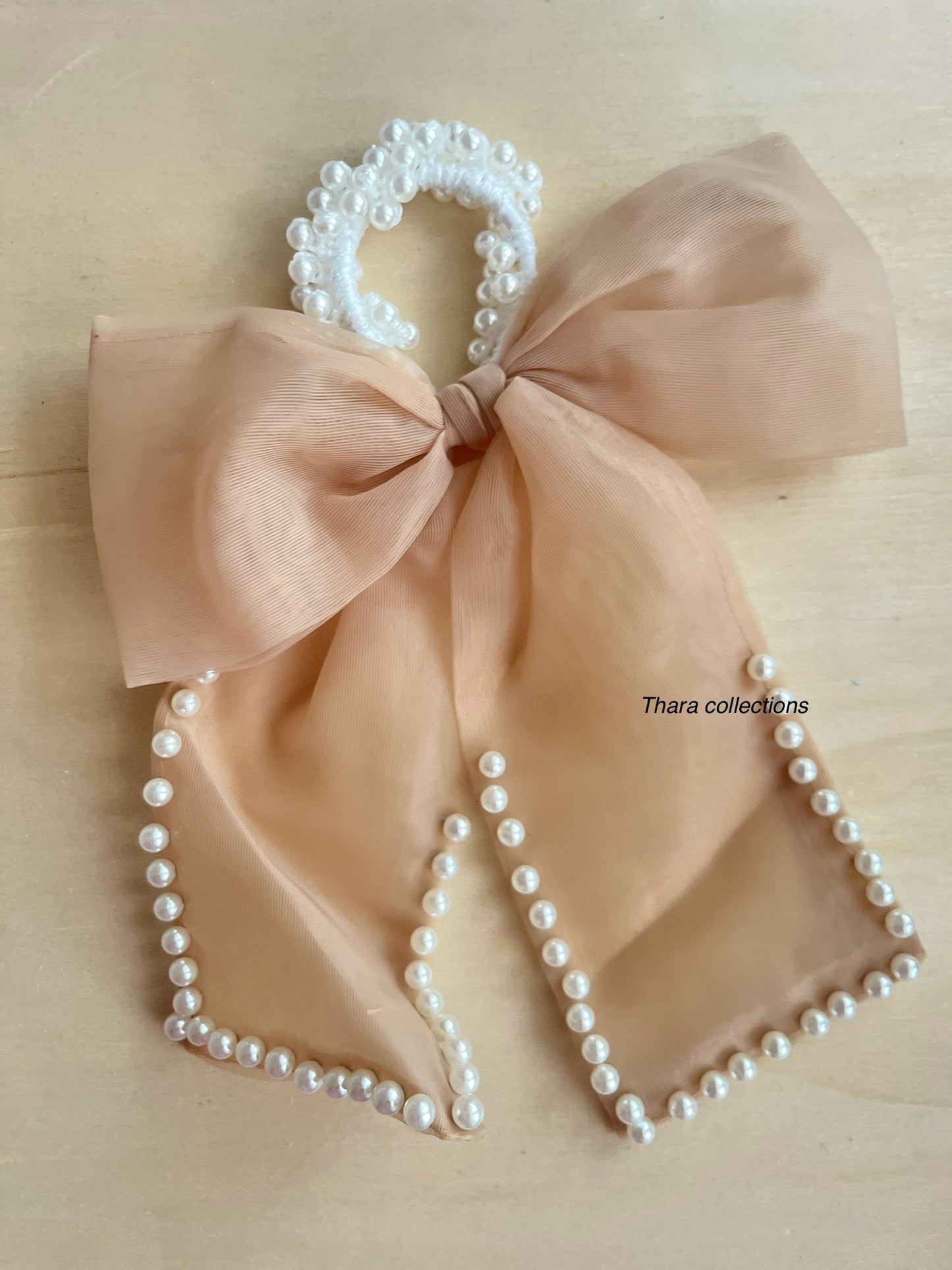 Elegant Pearl-Embellished Organza Bow Hair Tie (For Kids & Adults)