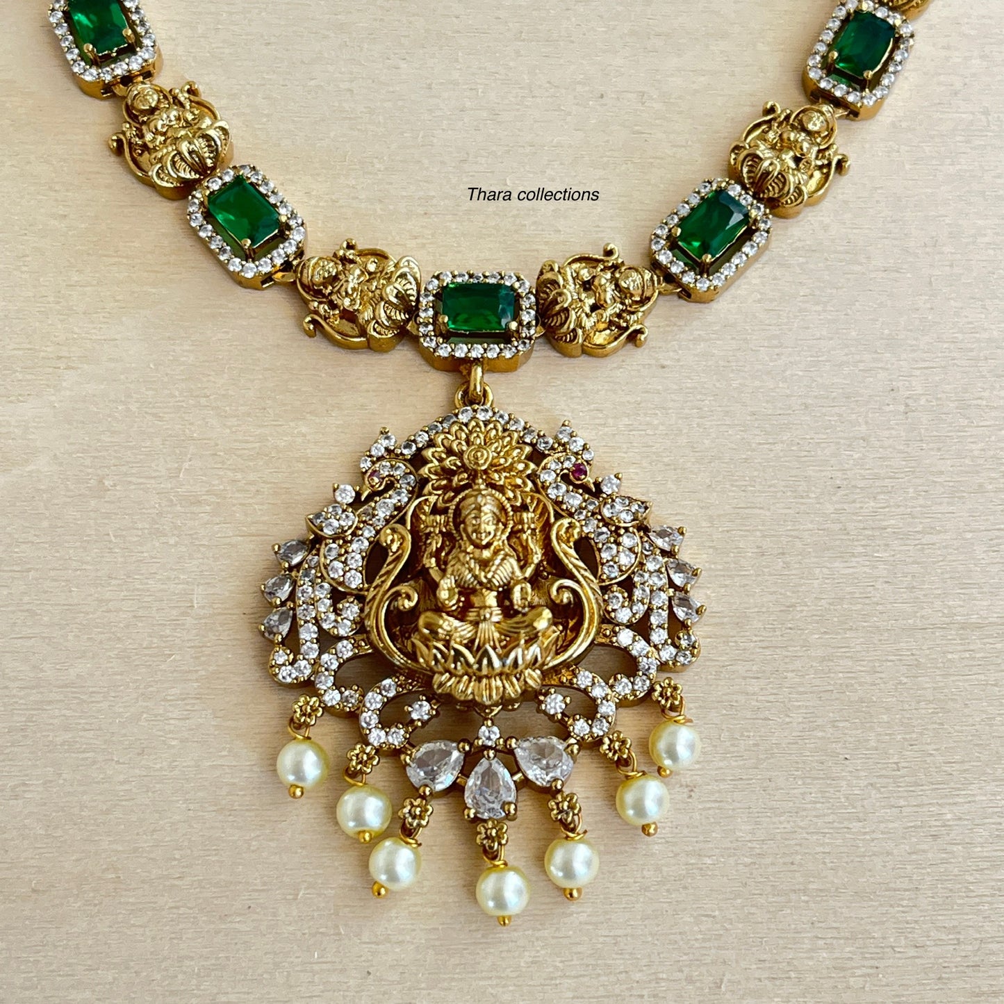 Grand Lakshmi Pendant Necklace set - Green