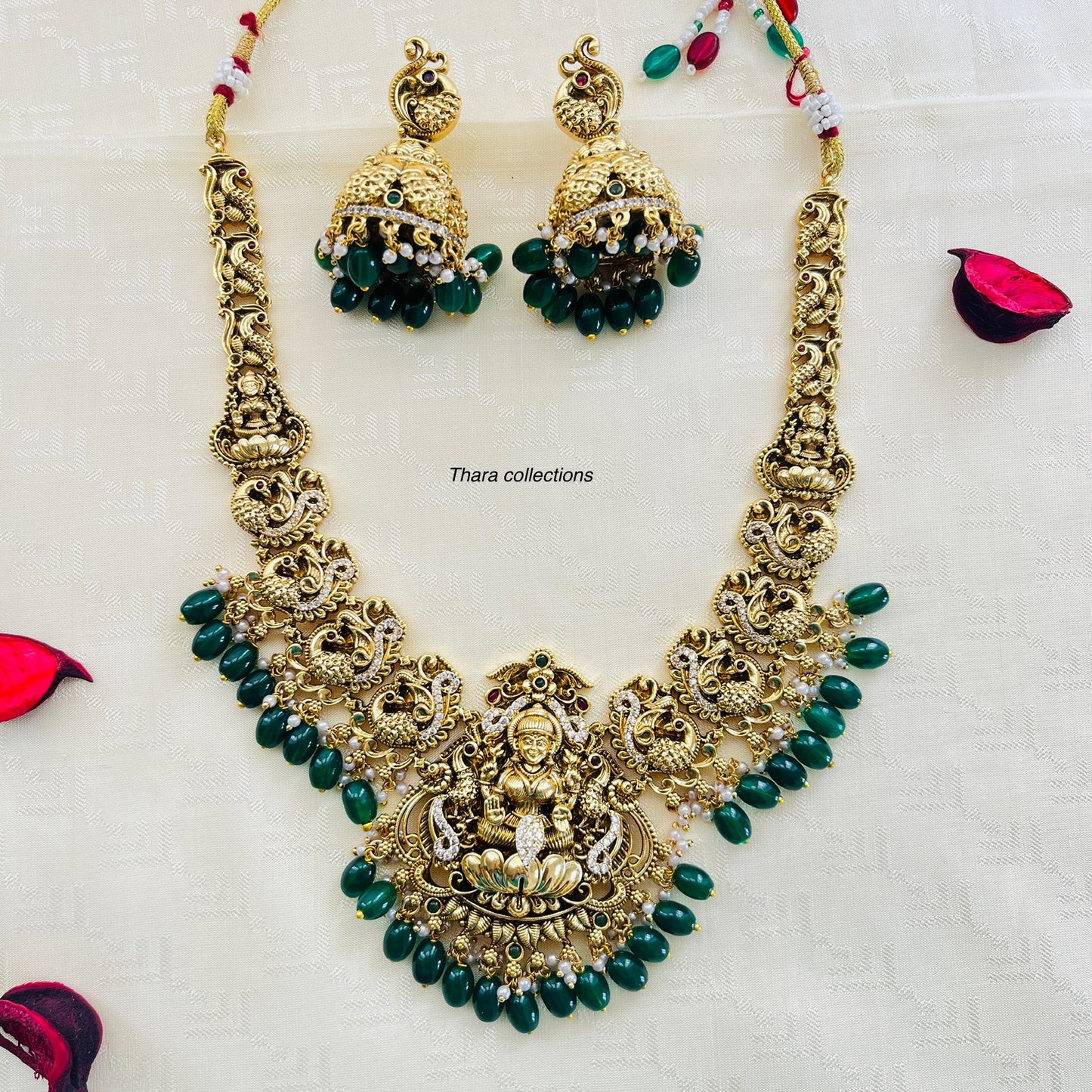 Antique Lakshmi Temple Necklace Set with Green Beads