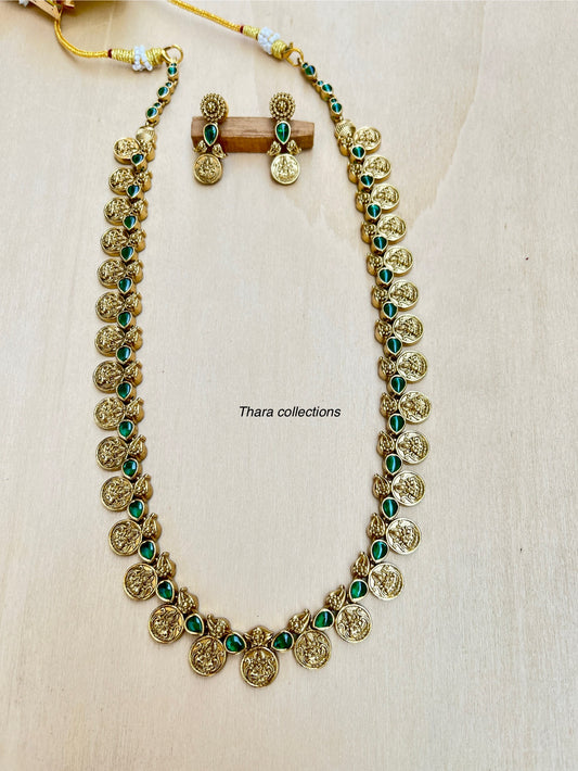 Antique Lakshmi Coin Necklace Set with Green Kemp Stones