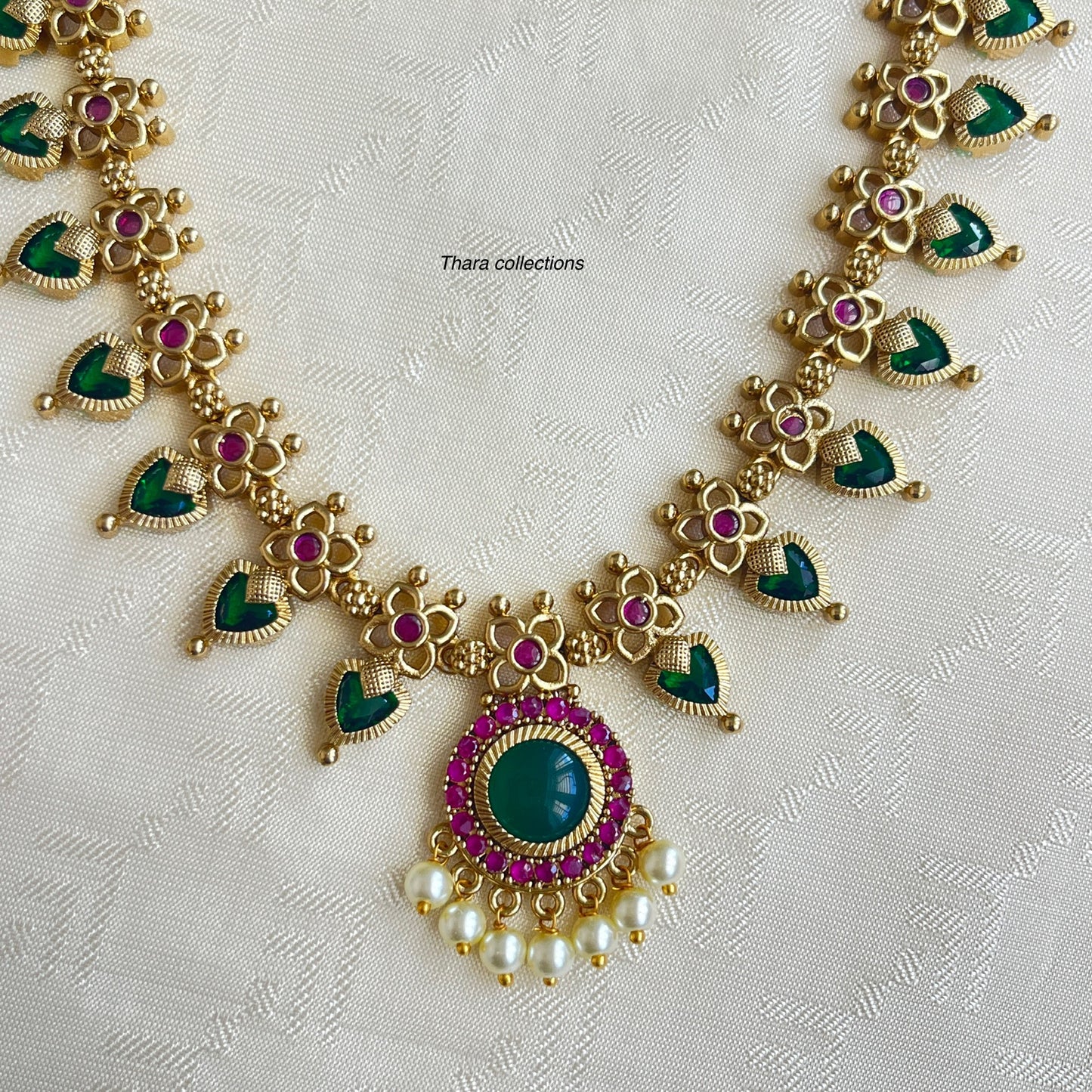 Traditional Gold-Plated Temple Necklace Set with Ruby & Emerald Accents