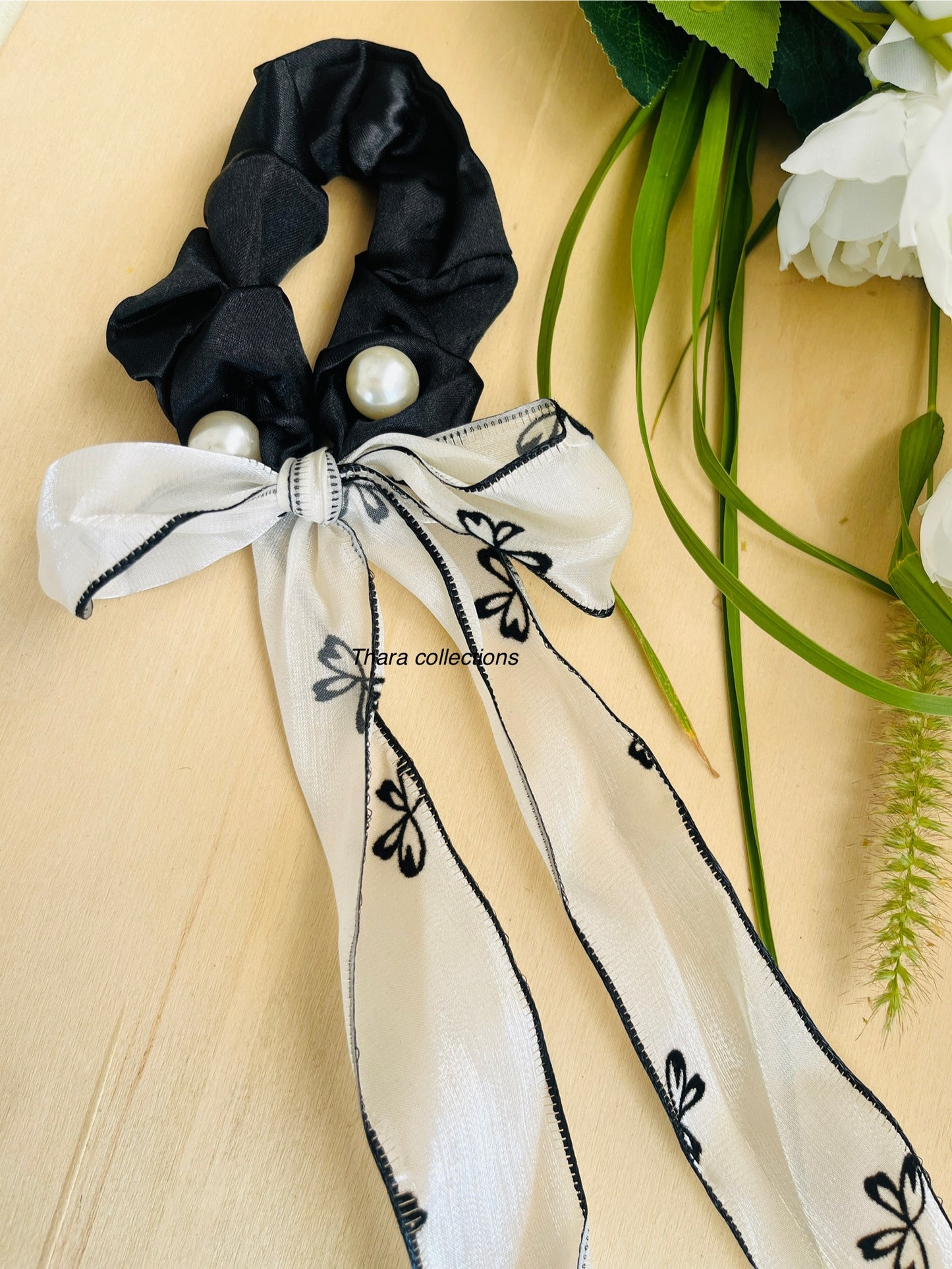 Black with White Pearl bow Ribbon type Scrunchie