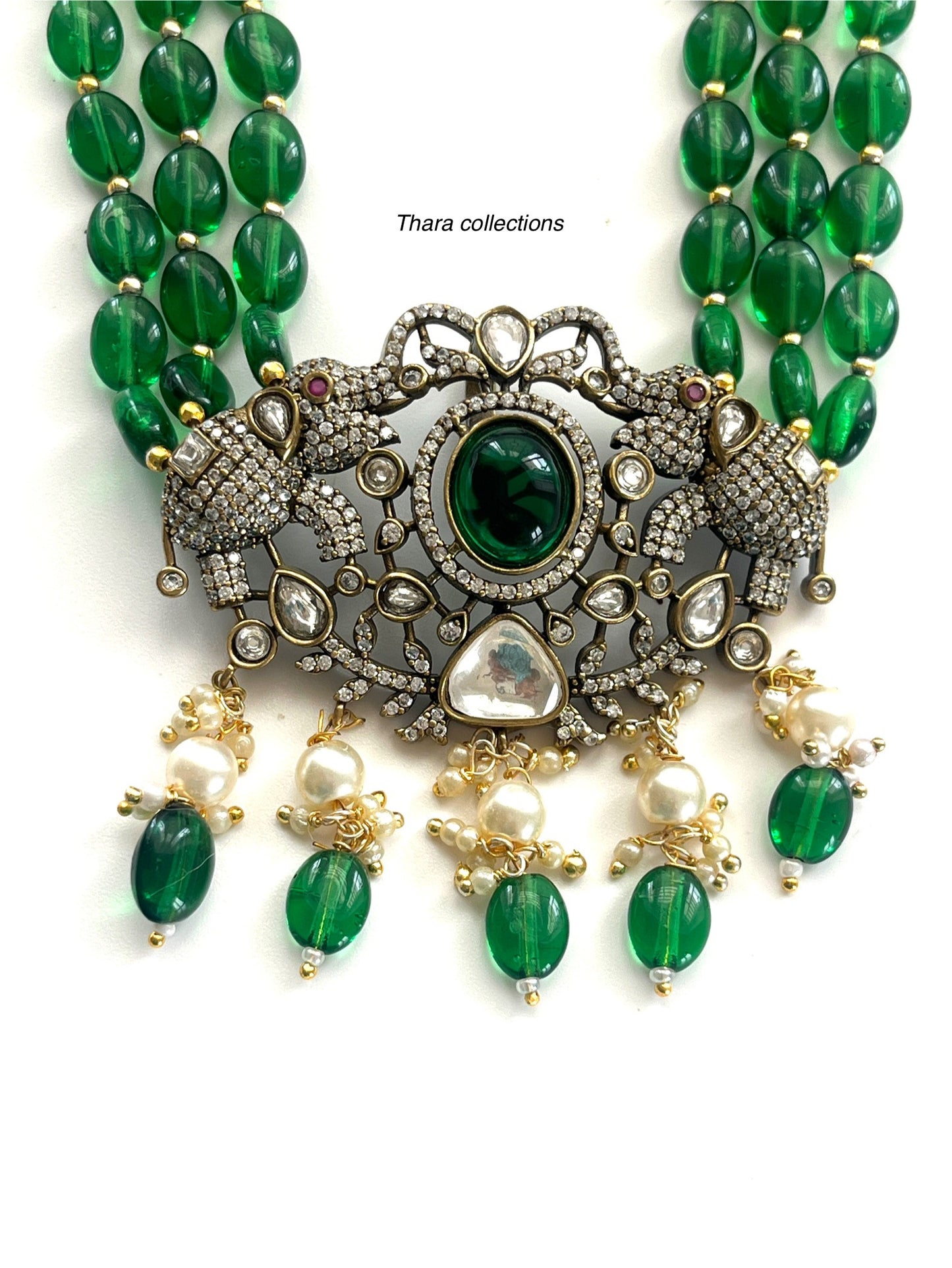 Victorian Green Beaded Choker Necklace Set with Antique Pendant & Earrings