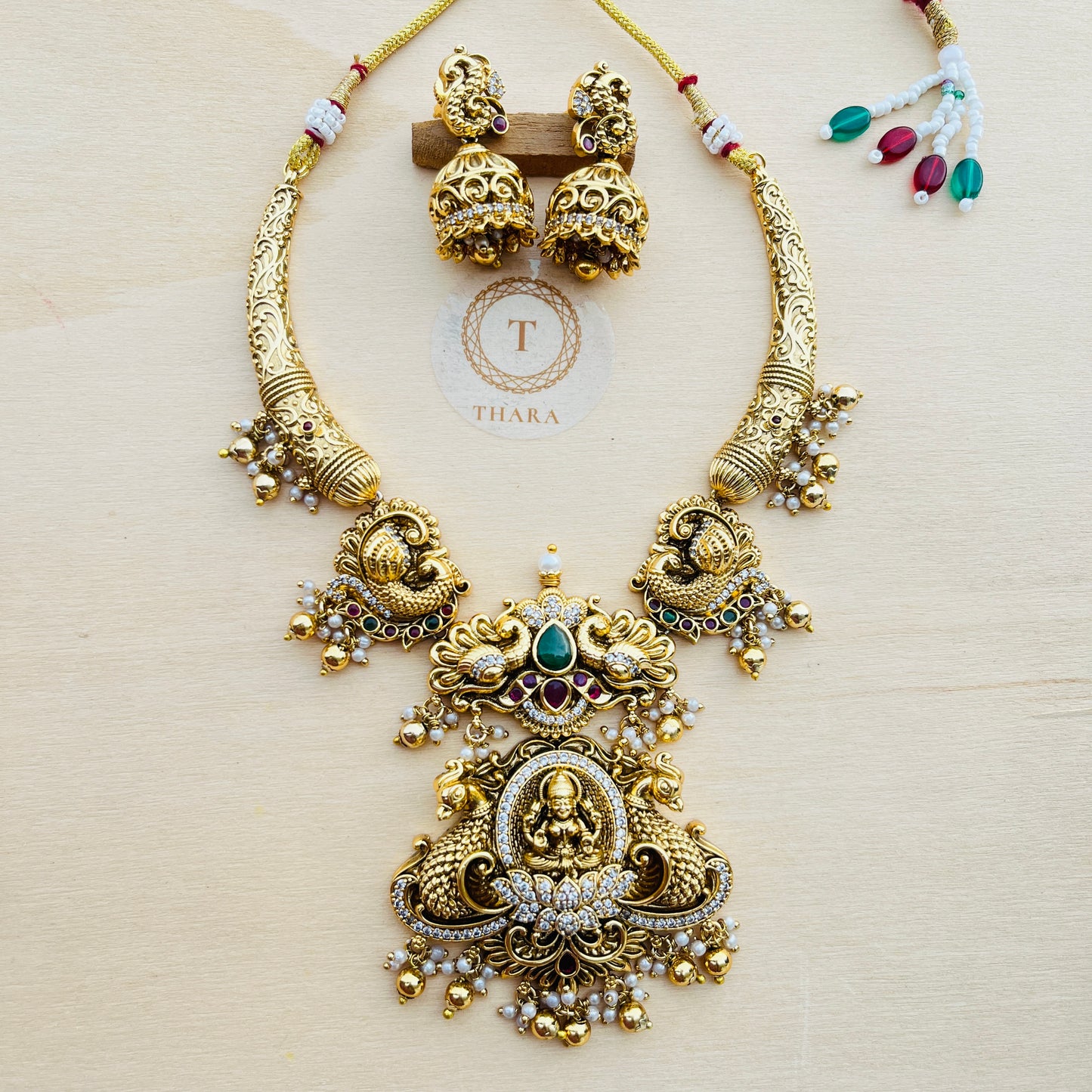 Antique Lakshmi Temple Necklace Set with Jhumkas