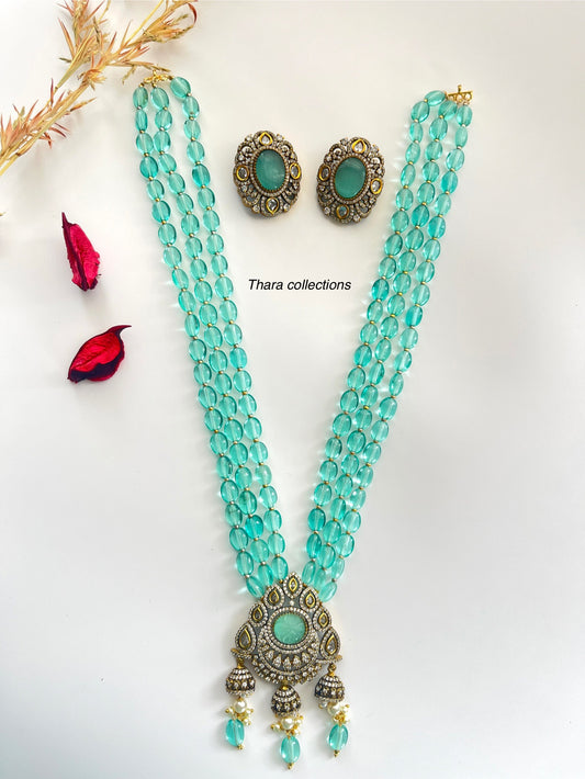 Victorian Aqua Blue Beaded Necklace Set with Antique Pendant & Stud Earrings