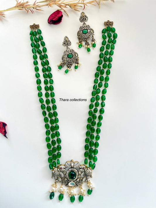 Victorian Green Beaded Choker Necklace Set with Antique Pendant & Earrings