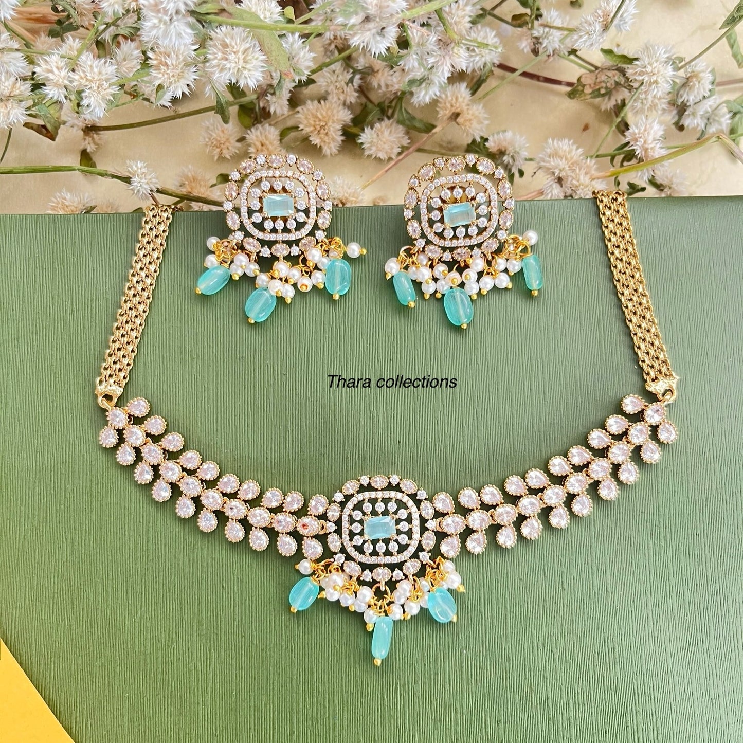 Elegant Crystal Choker Set with Aqua Beads