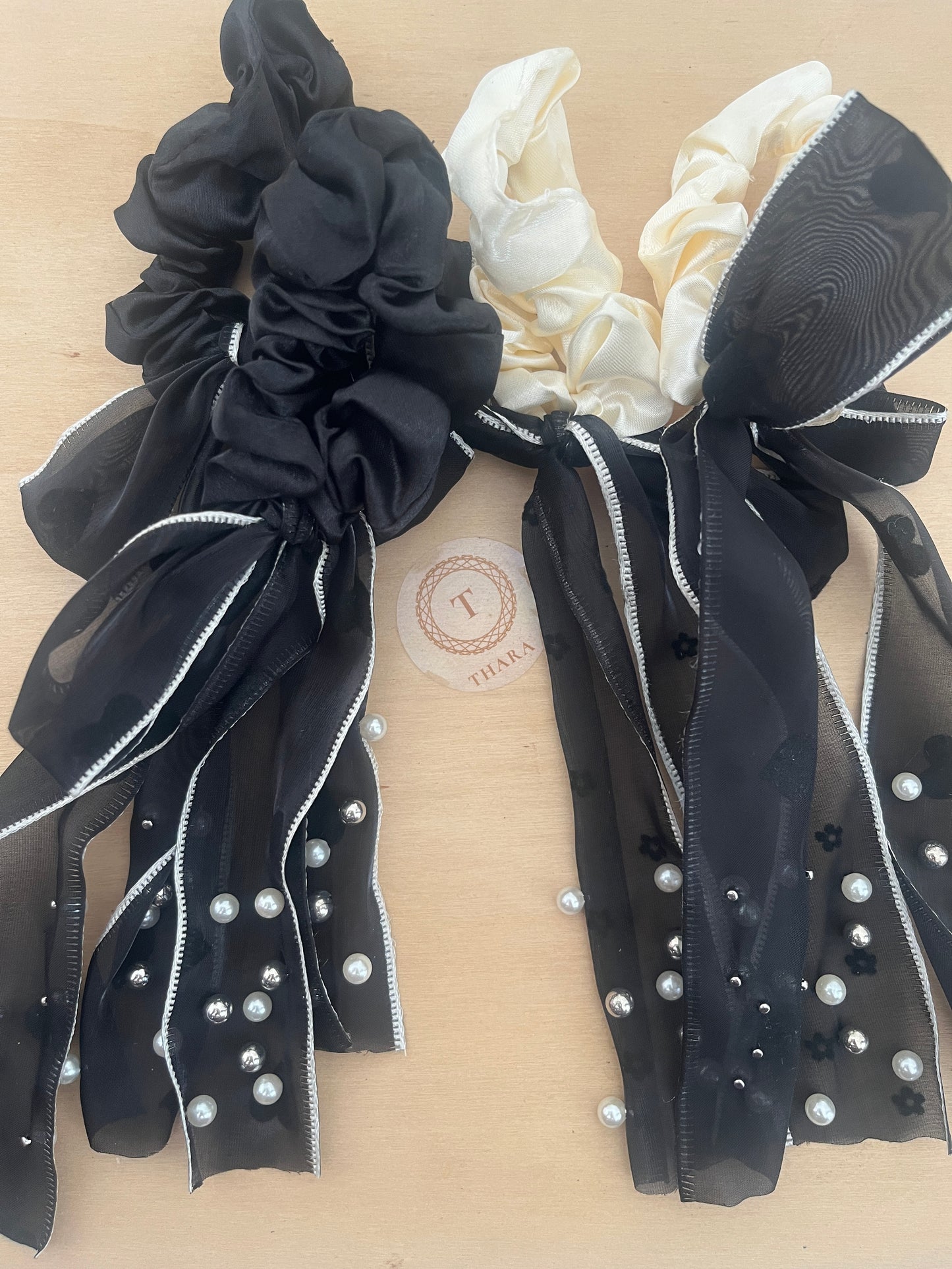 Luxury Satin Scrunchie with Pearl Embellished Ribbon Tails — Elegant Hair Accessory