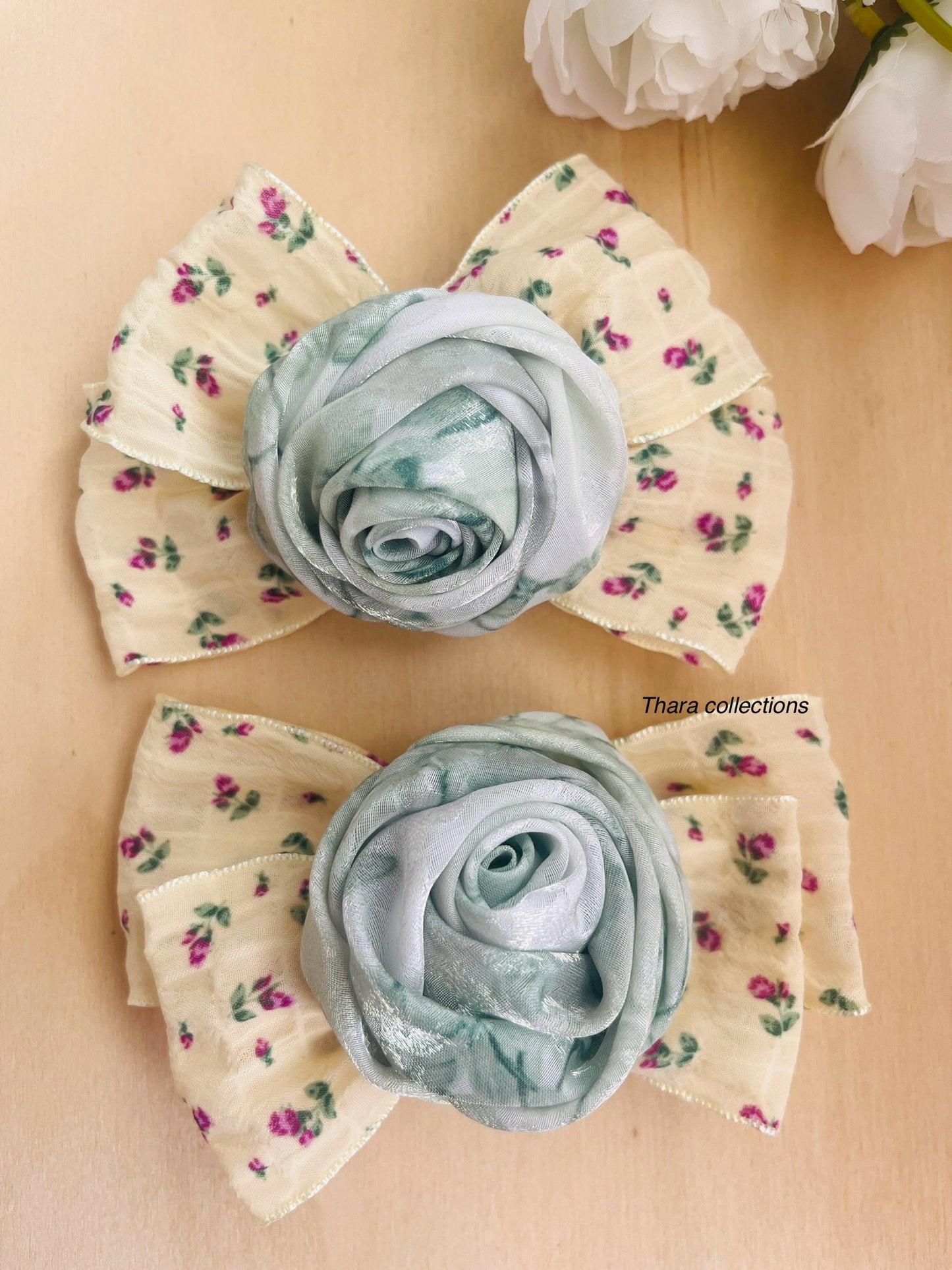 Vintage Garden Bow Clips – Floral Fabric with Rose Center