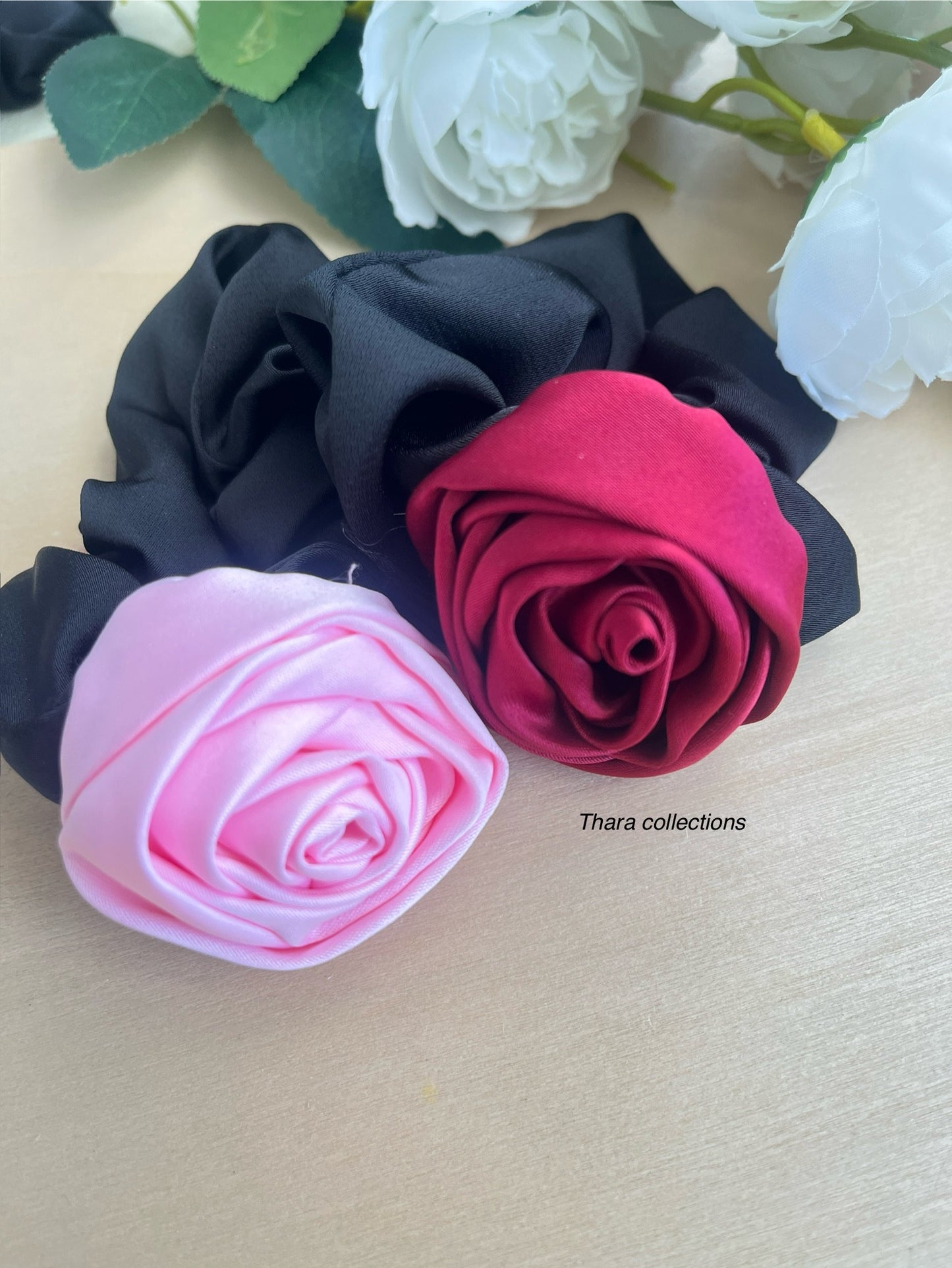 Black Rose Scrunchies – Elegant Florals in Red & Pink Variants