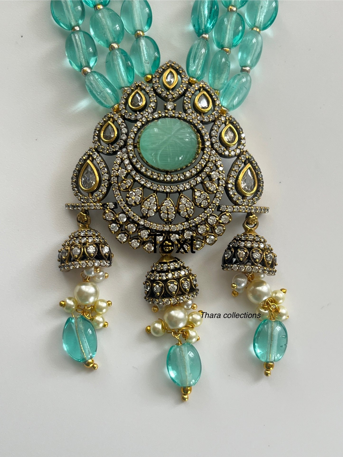 Victorian Aqua Blue Beaded Necklace Set with Antique Pendant & Stud Earrings