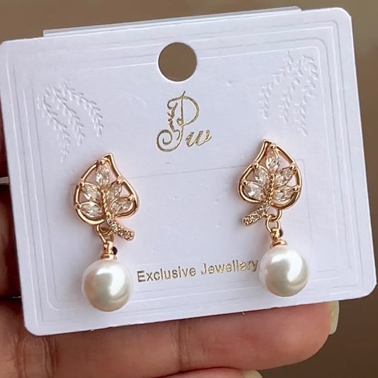 Leaf Pearl Drop Rose Gold Stud Earrings