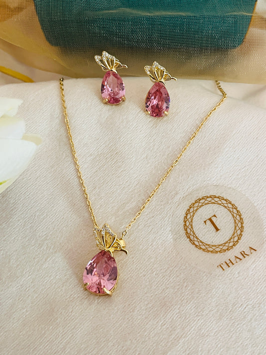 Pink Pearl TearDrop With Butterfly Pendant Chain with Earrings