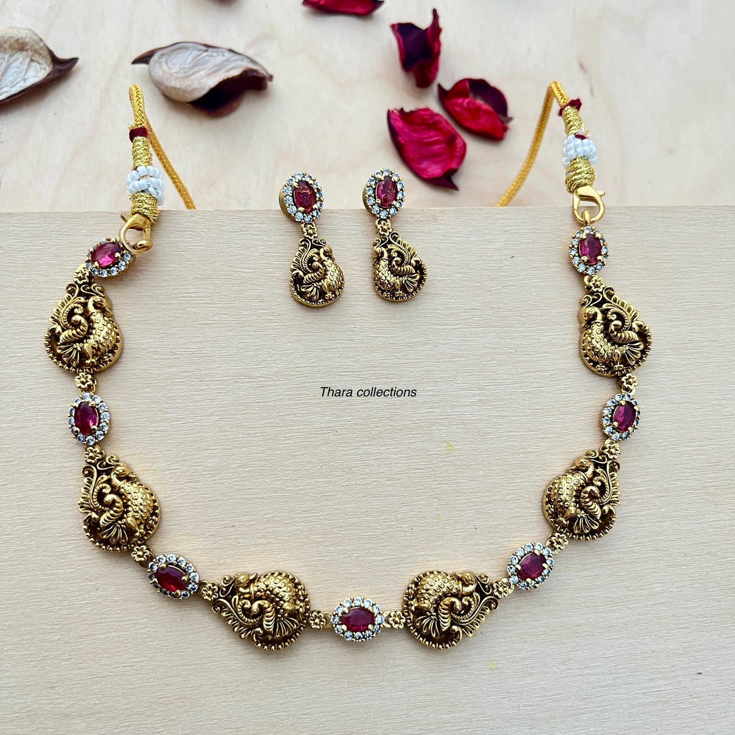 Antique Peacock Motif Necklace Set with Ruby Accents