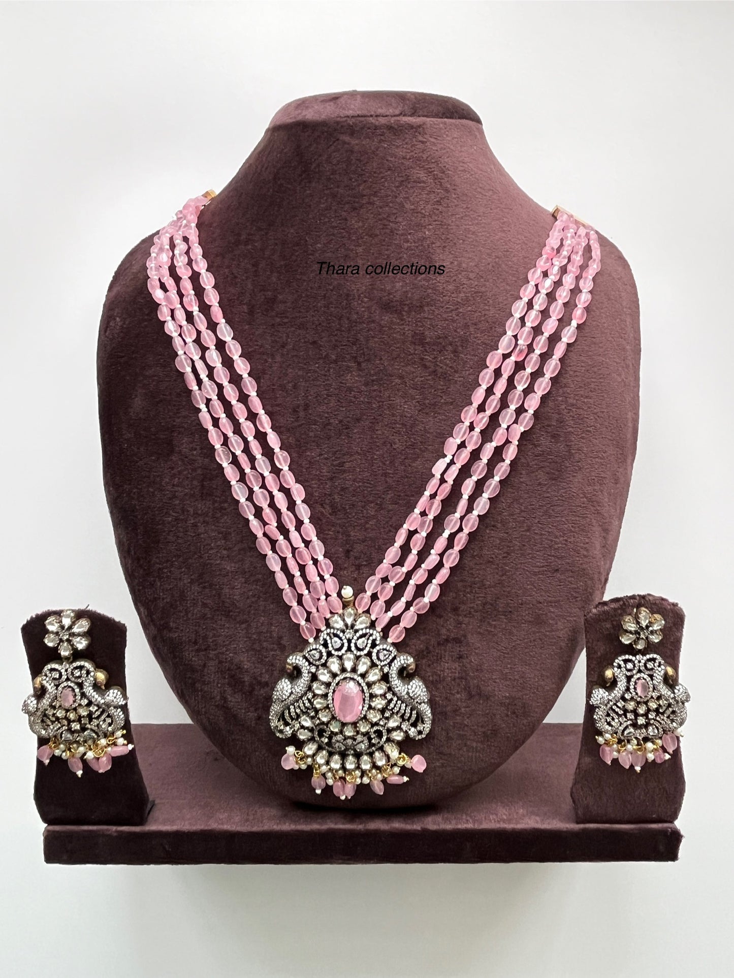 Victorian Pink Beads Necklace Set with Dual Peacock Pendant & Matching Earrings