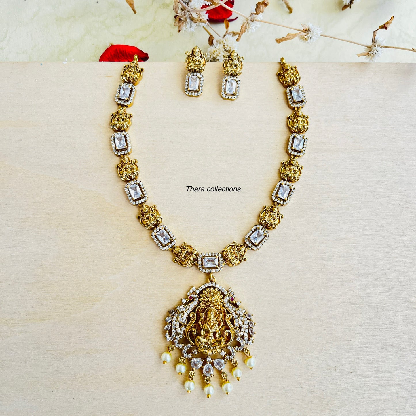 Grand Lakshmi Pendant Necklace set - White