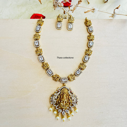Grand Lakshmi Pendant Necklace set - White