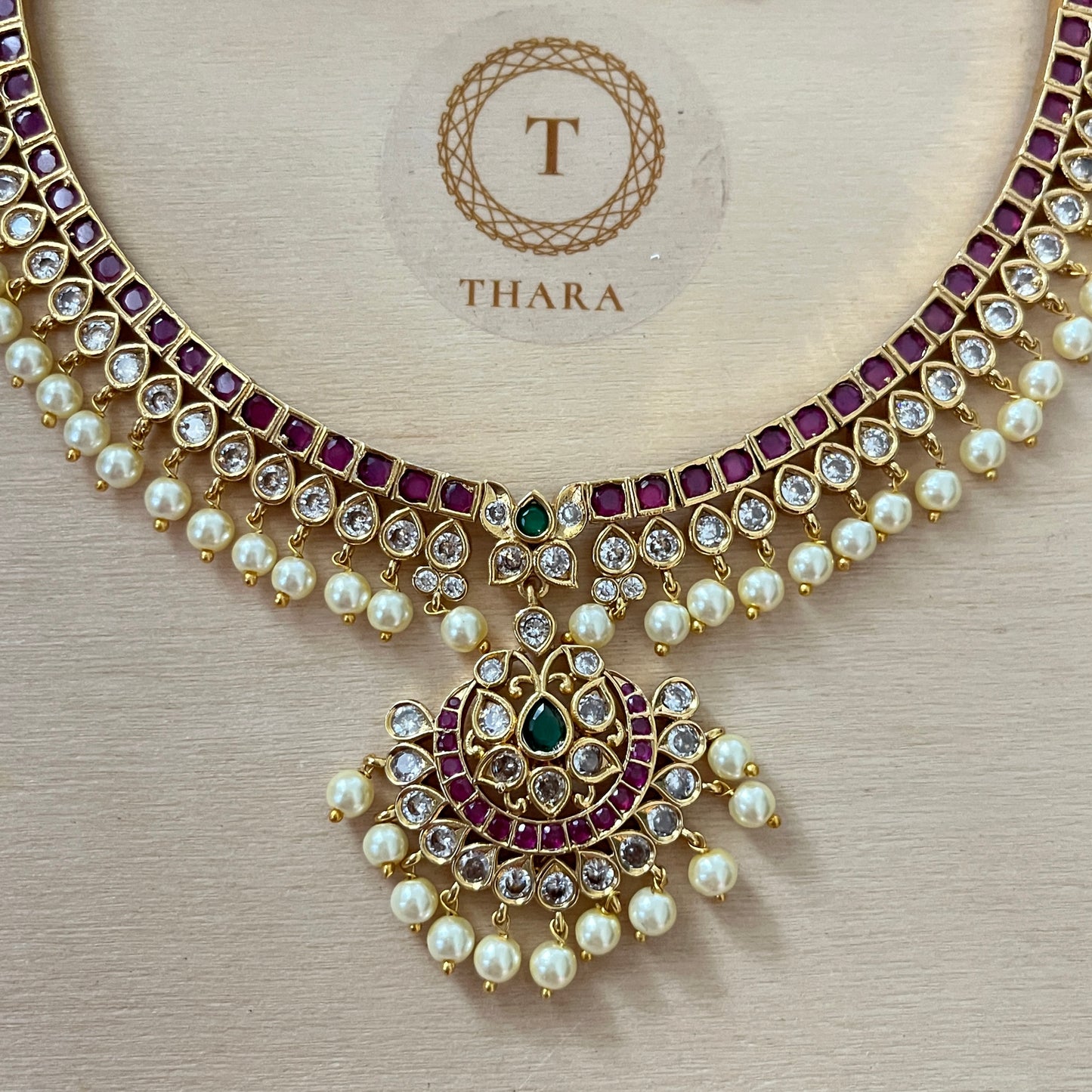 Traditional Ruby Pearl Choker Necklace Set