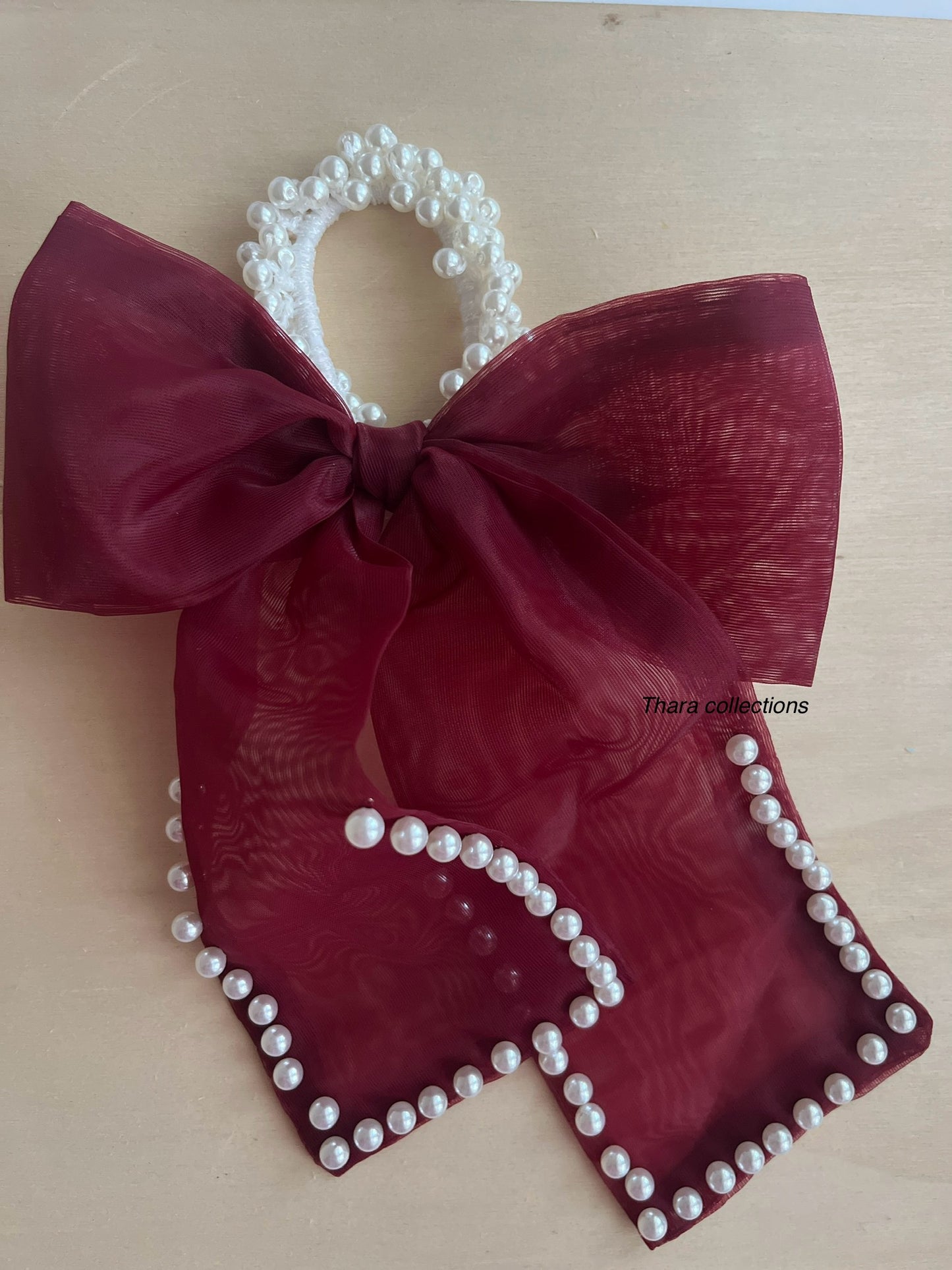 Elegant Pearl-Embellished Organza Bow Hair Tie (For Kids & Adults)