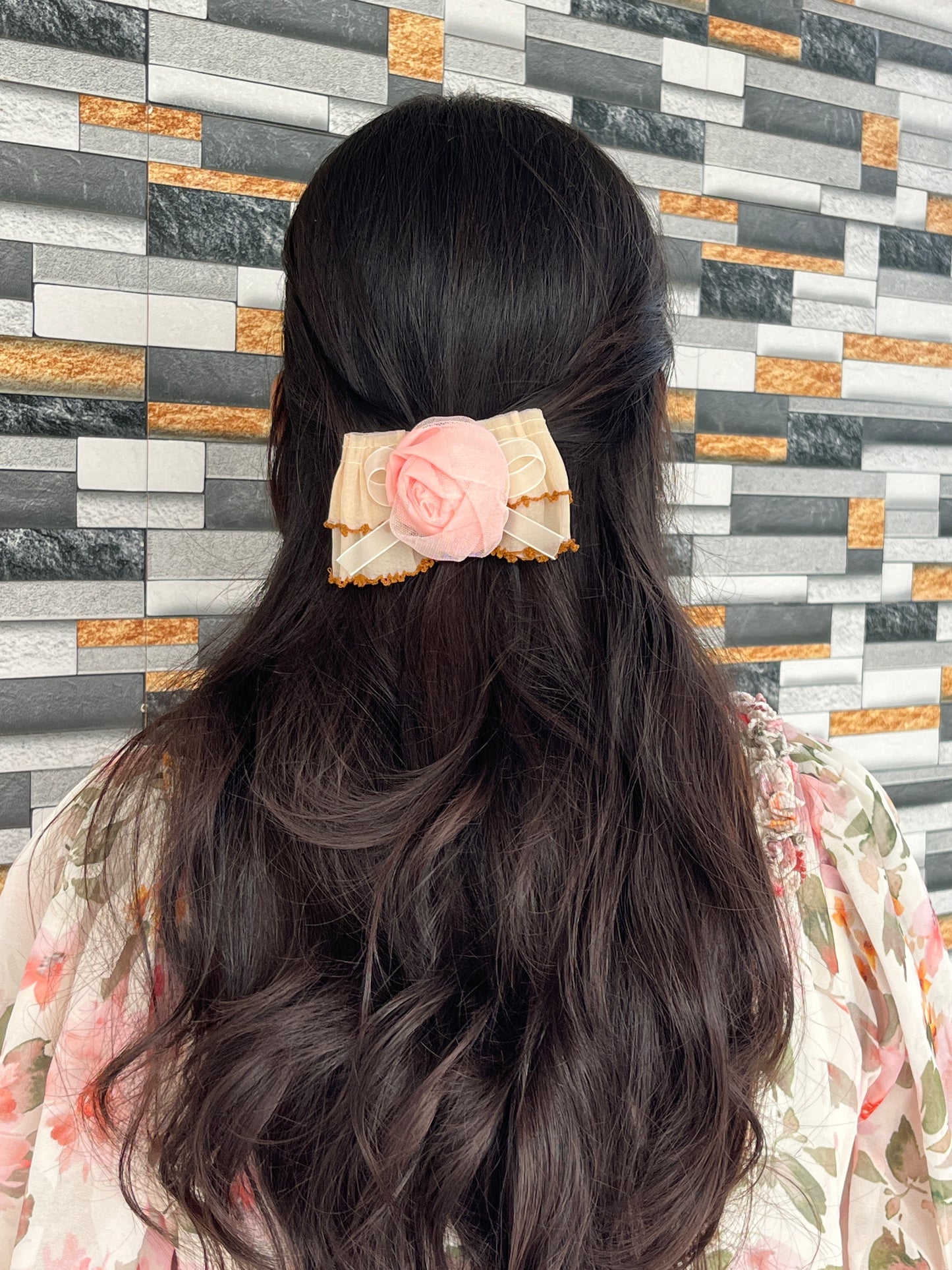Textured Pleated Bow Clips with Net Rose Center