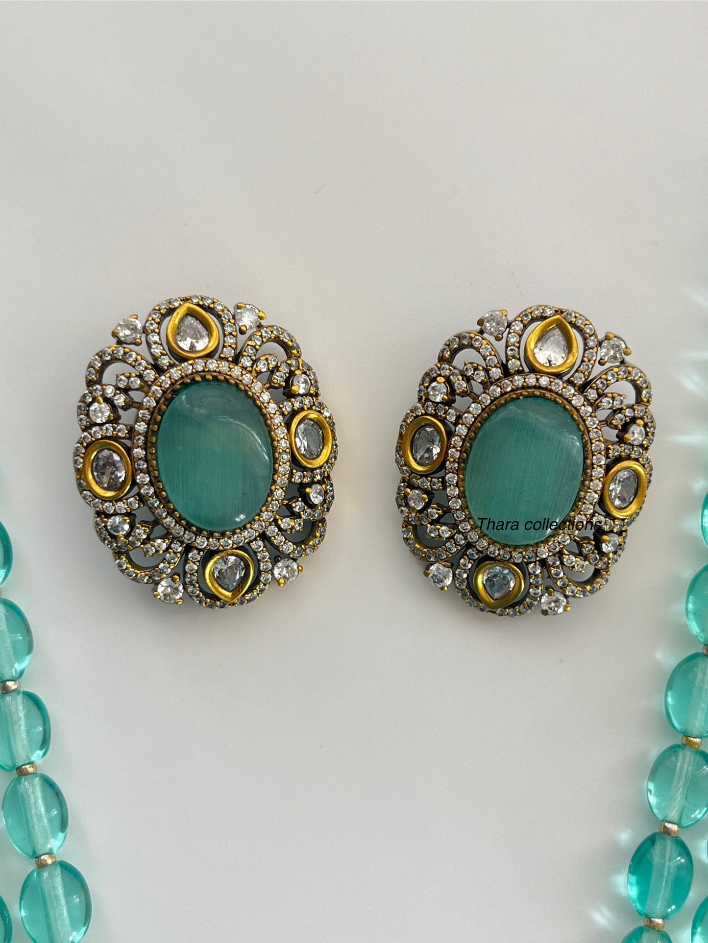 Victorian Aqua Blue Beaded Necklace Set with Antique Pendant & Stud Earrings