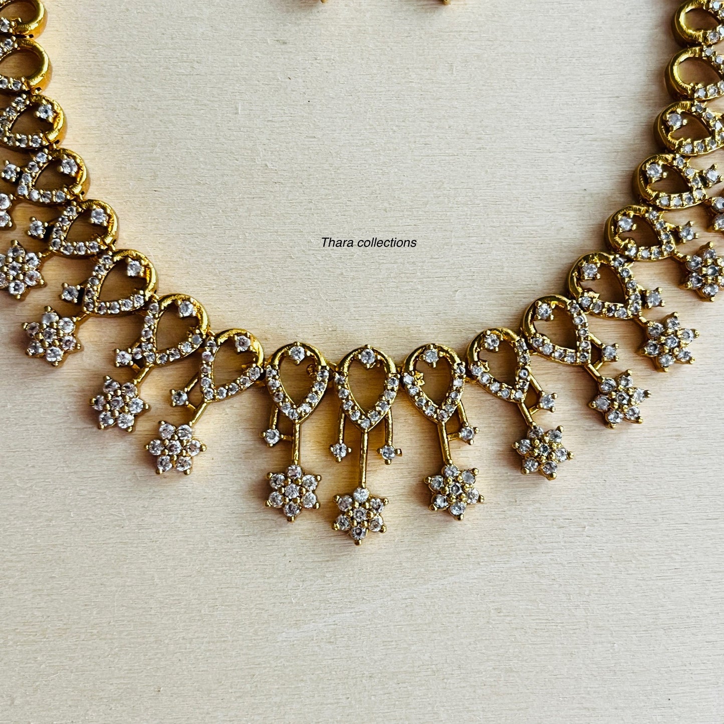 Gold-Toned Heart Motif Necklace Set with Floral Drops