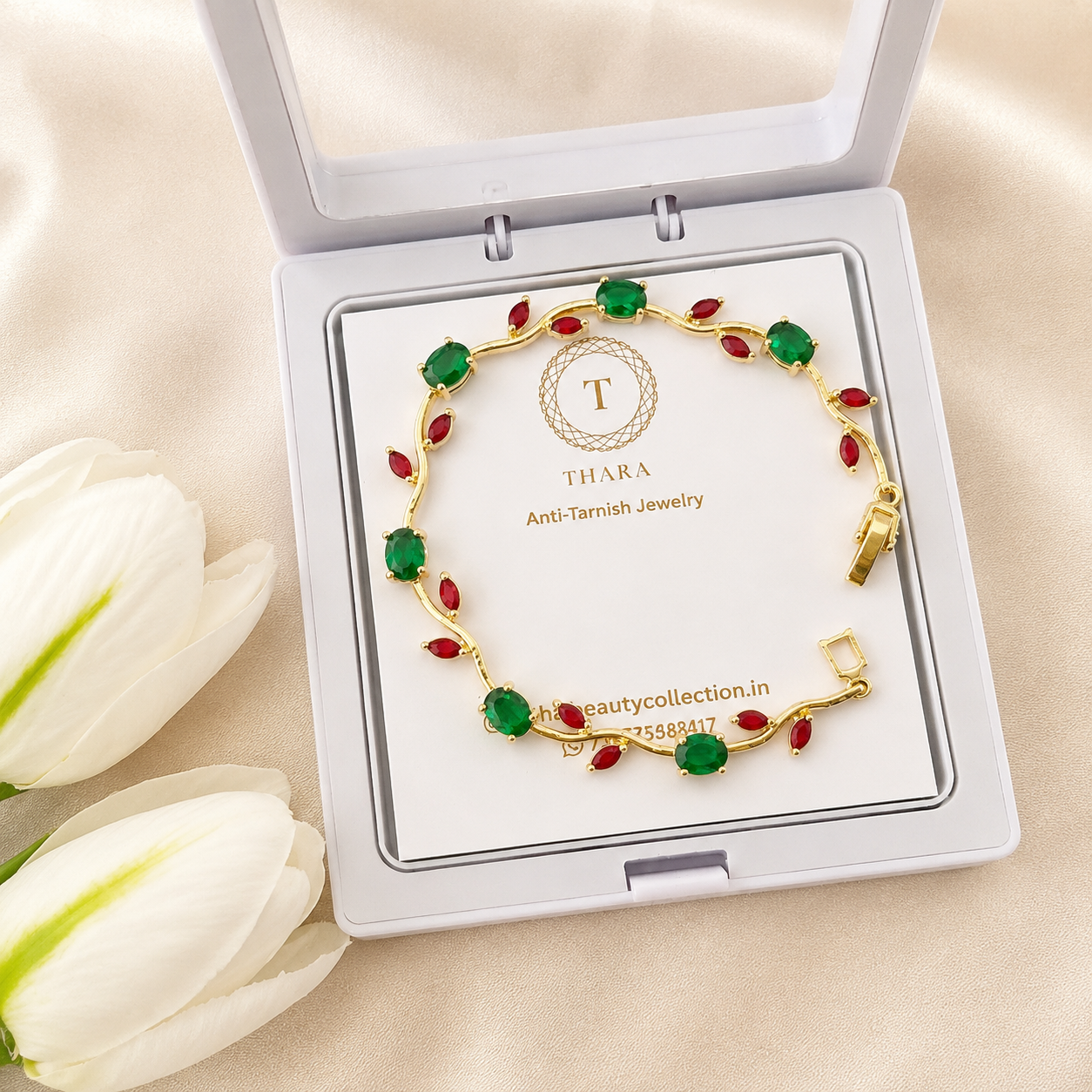 Viral Tulip Bracelet – Emerald Ruby | Anti-Tarnish Floral Bracelet for Women