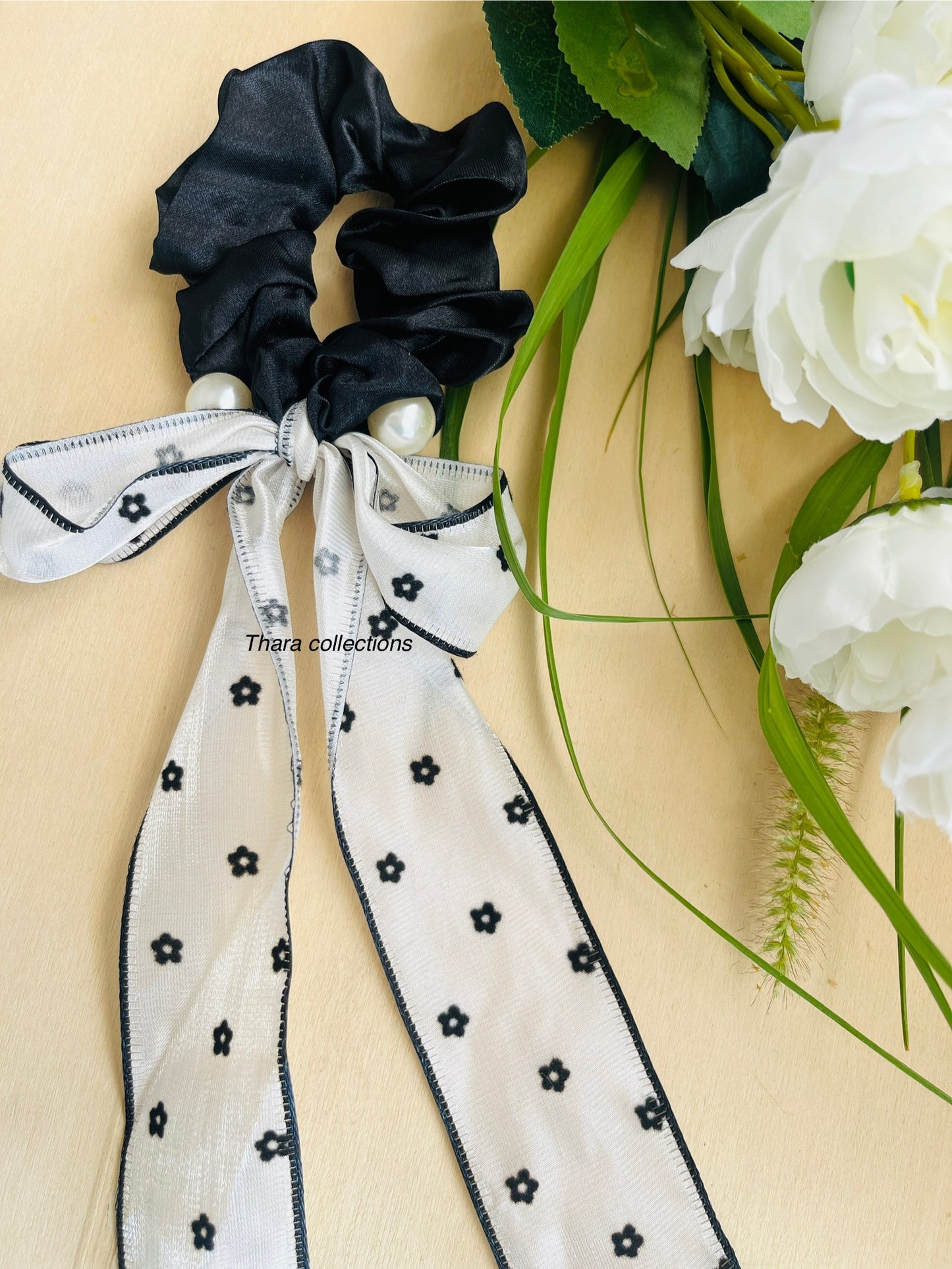 Black with White Pearl bow Ribbon type Scrunchie
