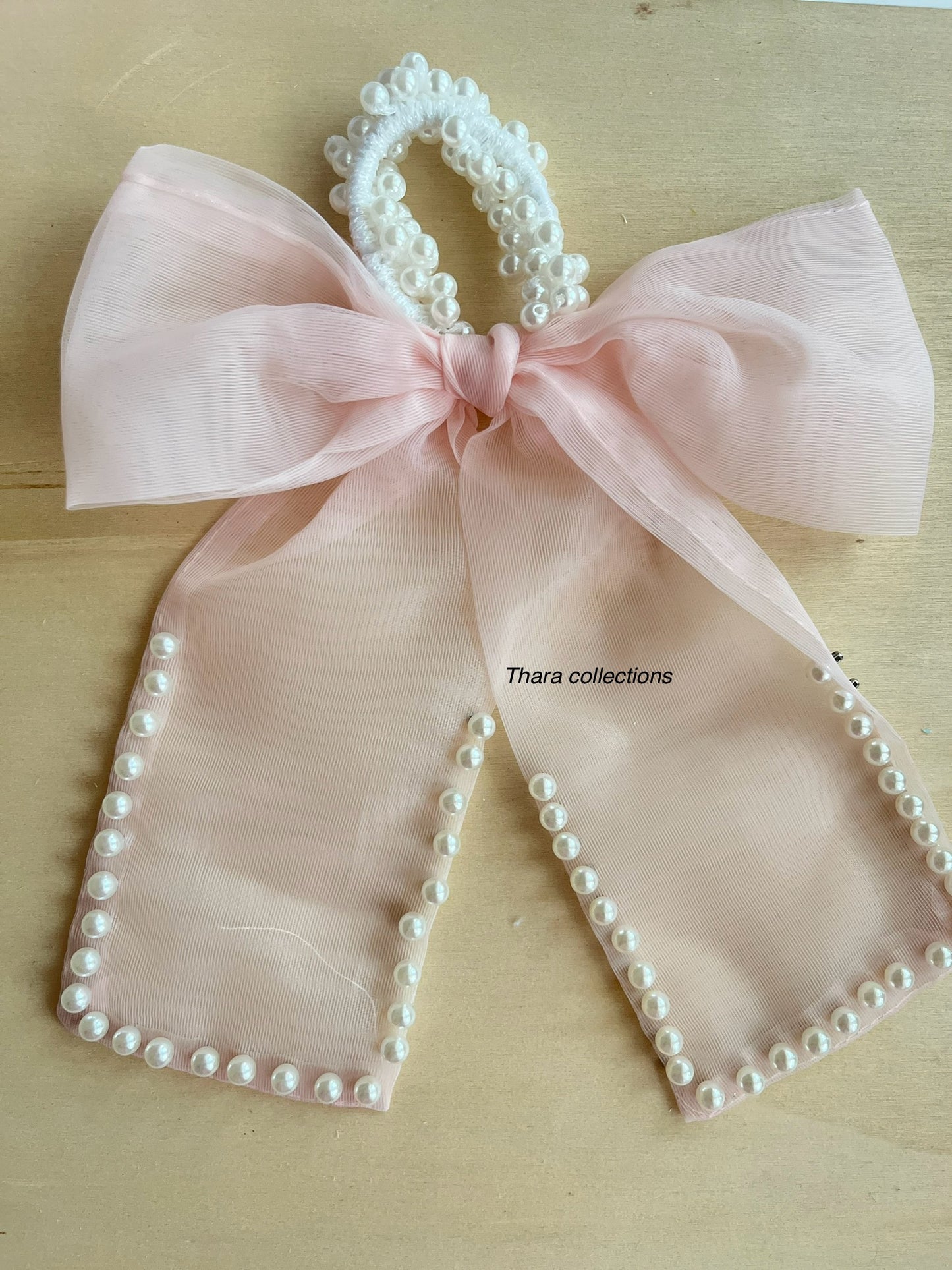 Elegant Pearl-Embellished Organza Bow Hair Tie (For Kids & Adults)