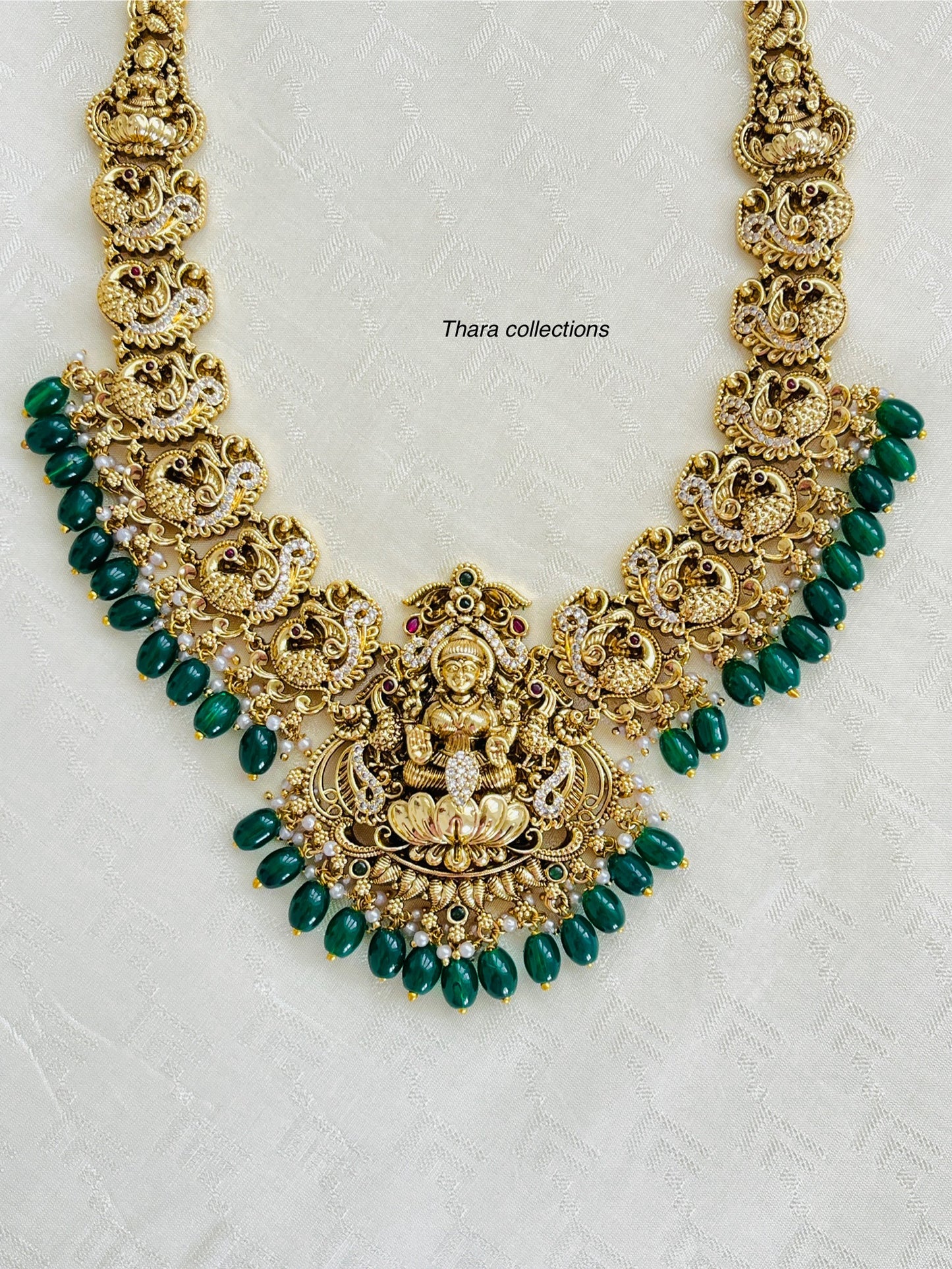 Antique Lakshmi Long Haram with Green Beads