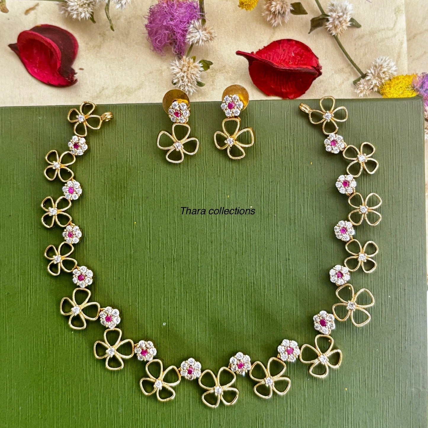 Blossom Gold-Plated Floral Necklace Set with Stud Earrings