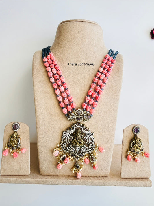 Dual-Tone Victorian Temple Beads Necklace Set with Goddess Lakshmi Pendant & Earrings