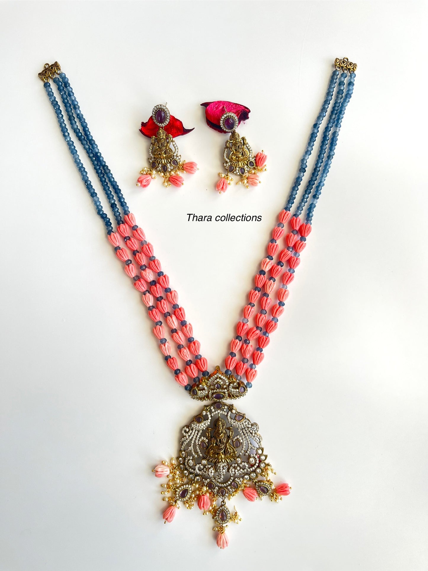 Dual-Tone Victorian Temple Beads Necklace Set with Goddess Lakshmi Pendant & Earrings