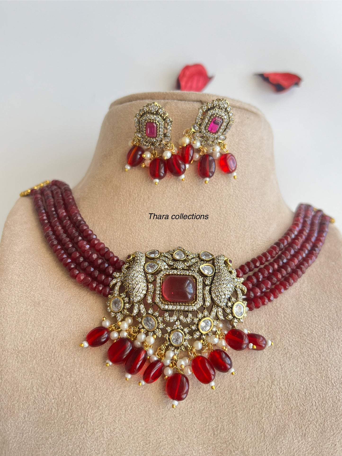 Victorian Finish Ruby Beaded Peacock Necklace Set
