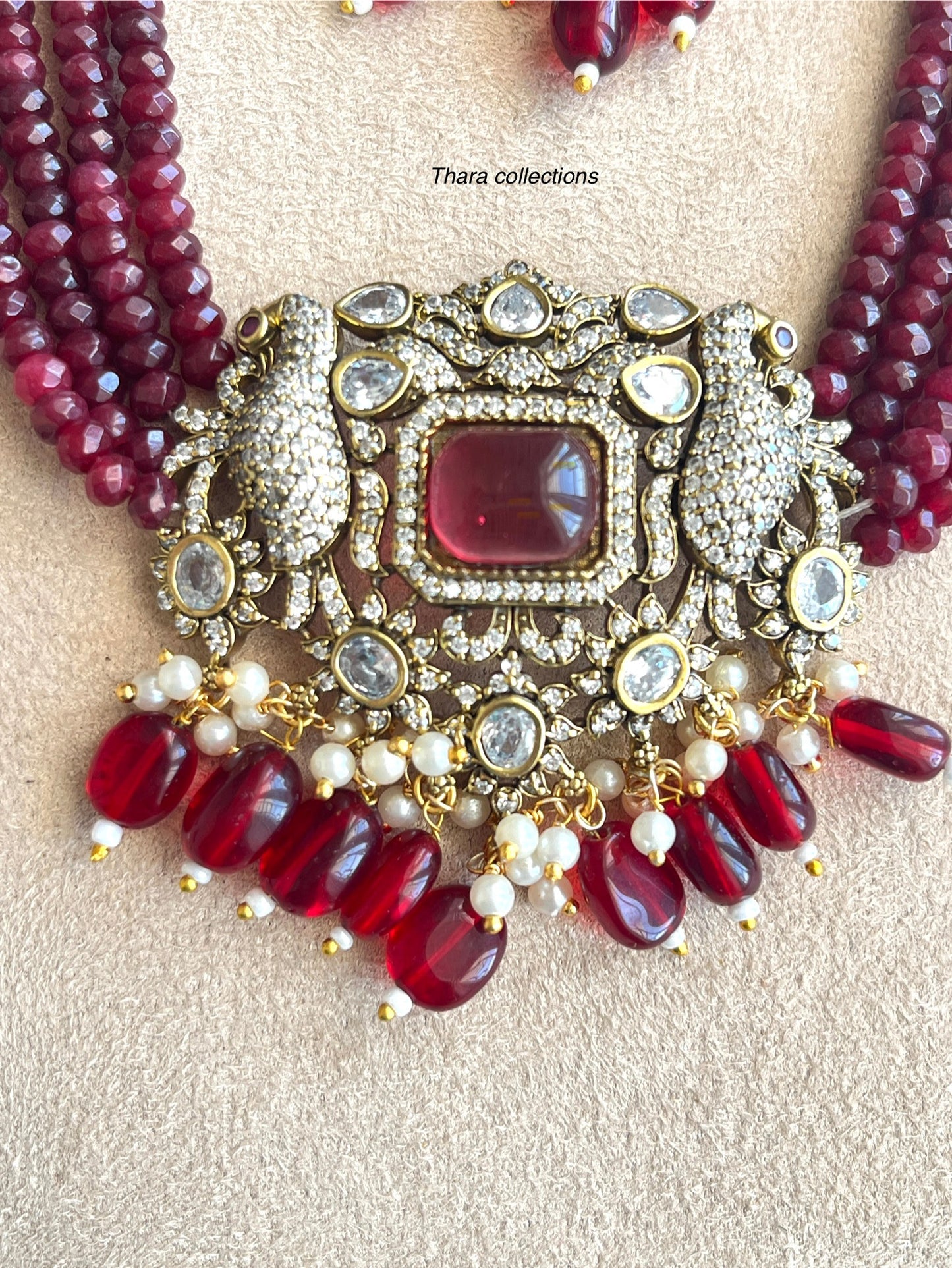 Victorian Finish Ruby Beaded Peacock Necklace Set