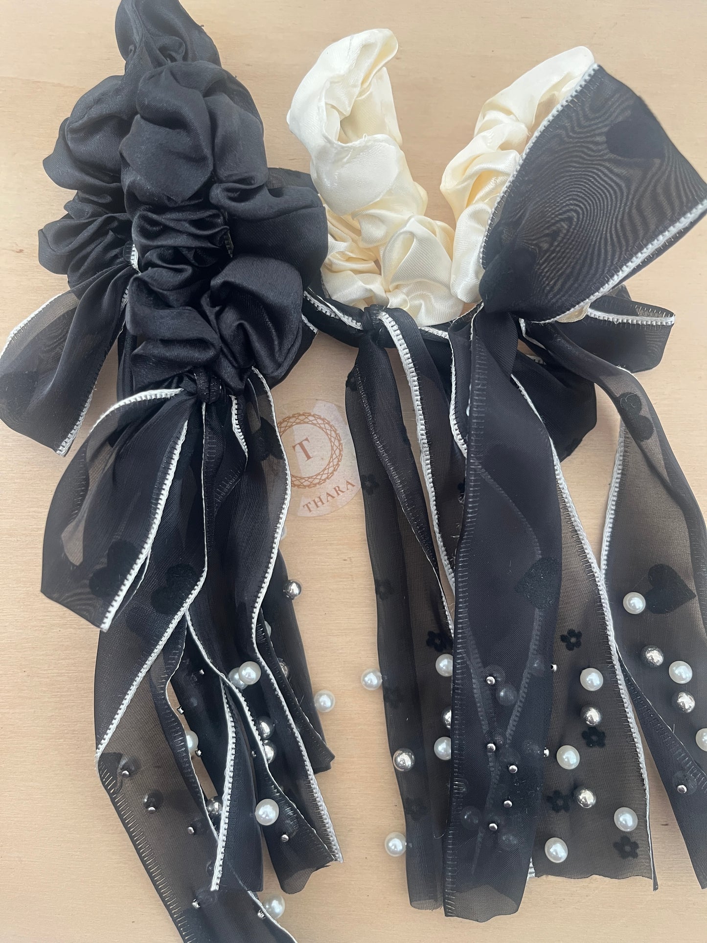 Luxury Satin Scrunchie with Pearl Embellished Ribbon Tails — Elegant Hair Accessory